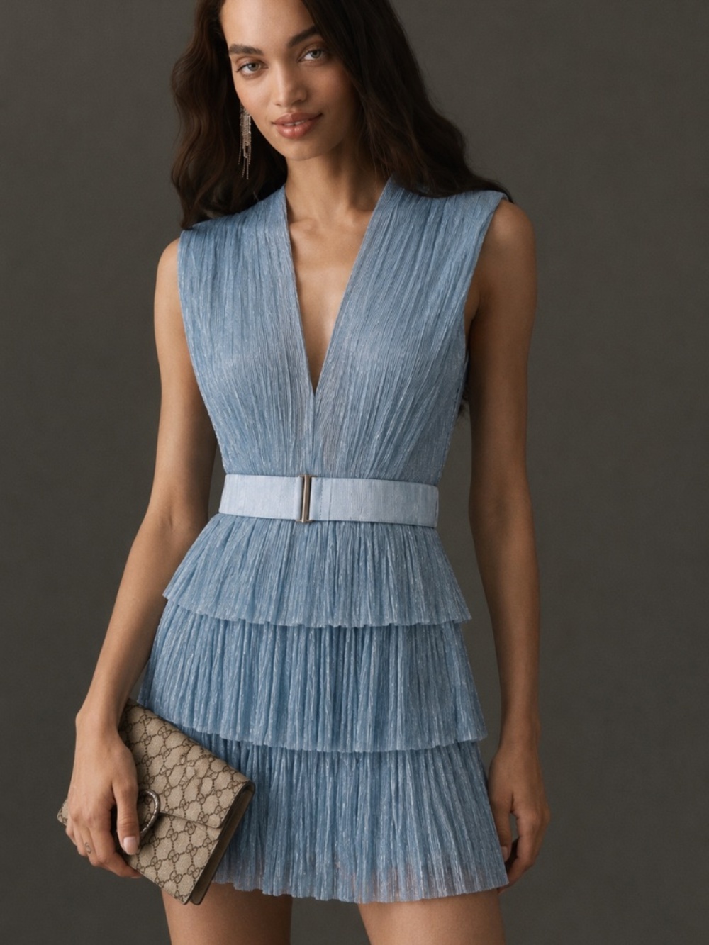 Sabina Musayev Powder Blue Pleated Tiered Mini Dress